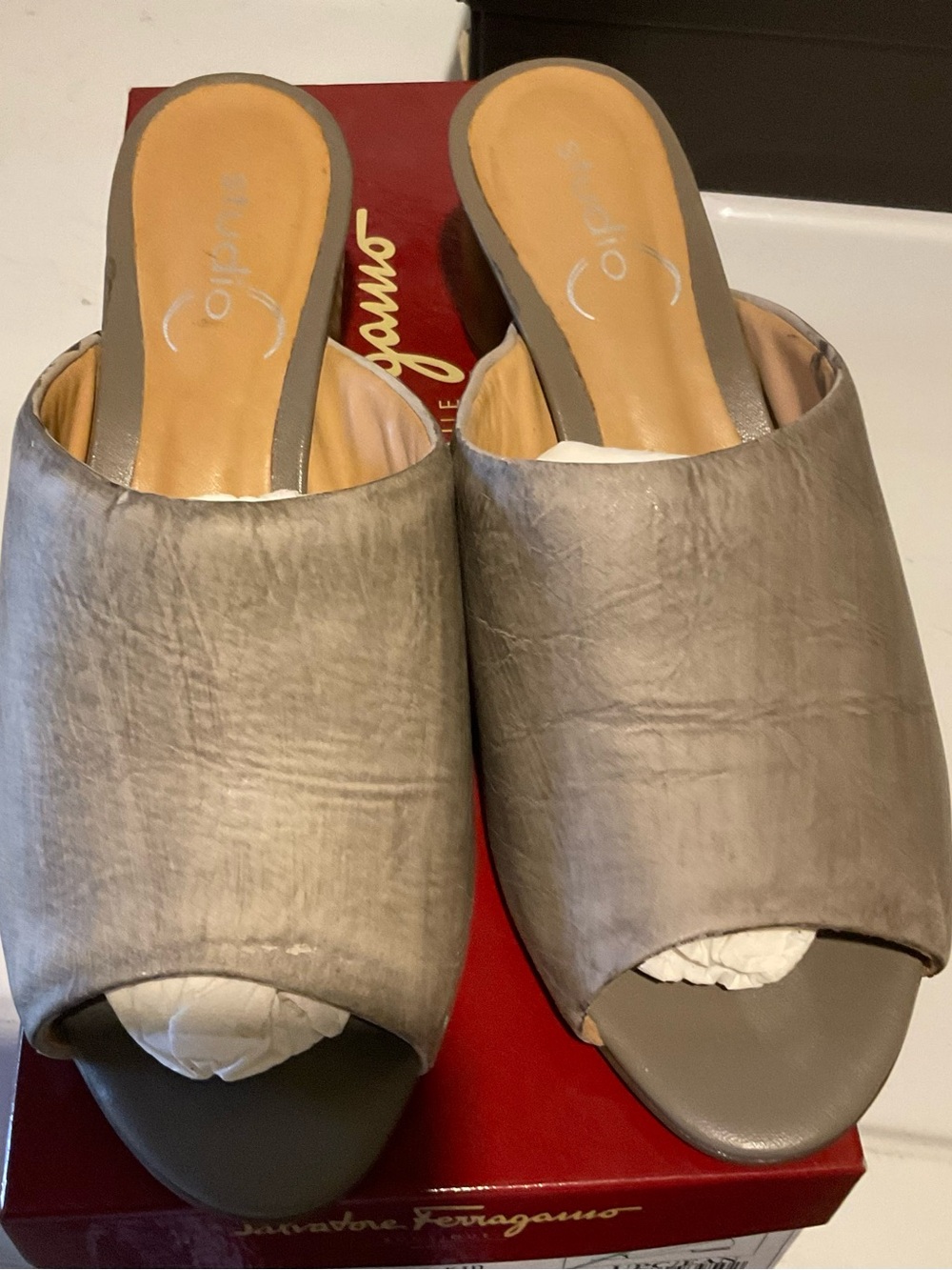 Max Studio Metallic Taupe Open-Toe Slide Mules